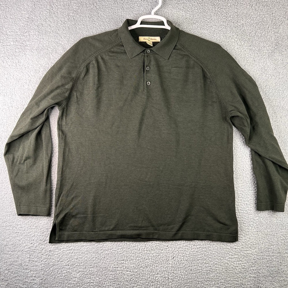Tommy Bahama Mens Polo Shirt Green Heathered Long Sleeve Button Slit Pullover L